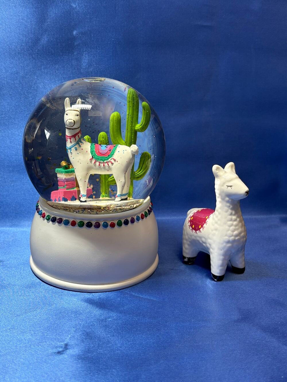 Llama Alpaca with Cactus Water Globe and Porcelain Llama Figurine